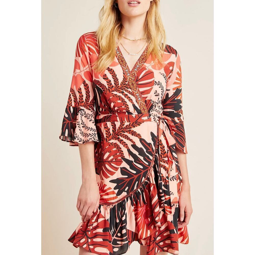 Farm Rio NWOT Bruxelles Dress Ruffles Wrapped Mini Orange Brown Size Medium - Picture 3 of 12